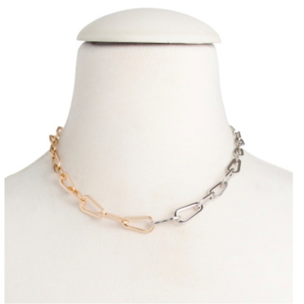 Only 1 Left AllSaints Two Tone Carabiner Link Collar Chunky Necklace GoldSilver - Picture 2 of 4